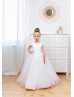 White Satin Tulle Flower Girl Dress With Removable Lace Train